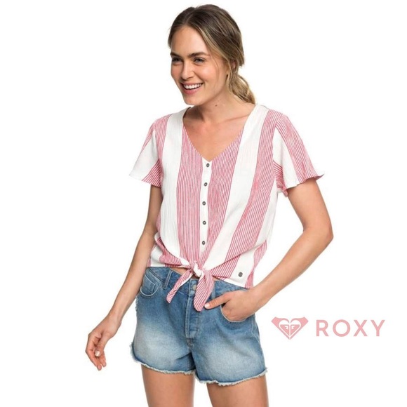 Roxy Tops - Roxy Come & Love Striped Front Tie Shirt, XS